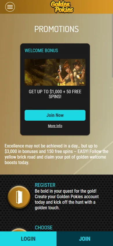 Golden Pokies Casino promotions view on a mobile browser