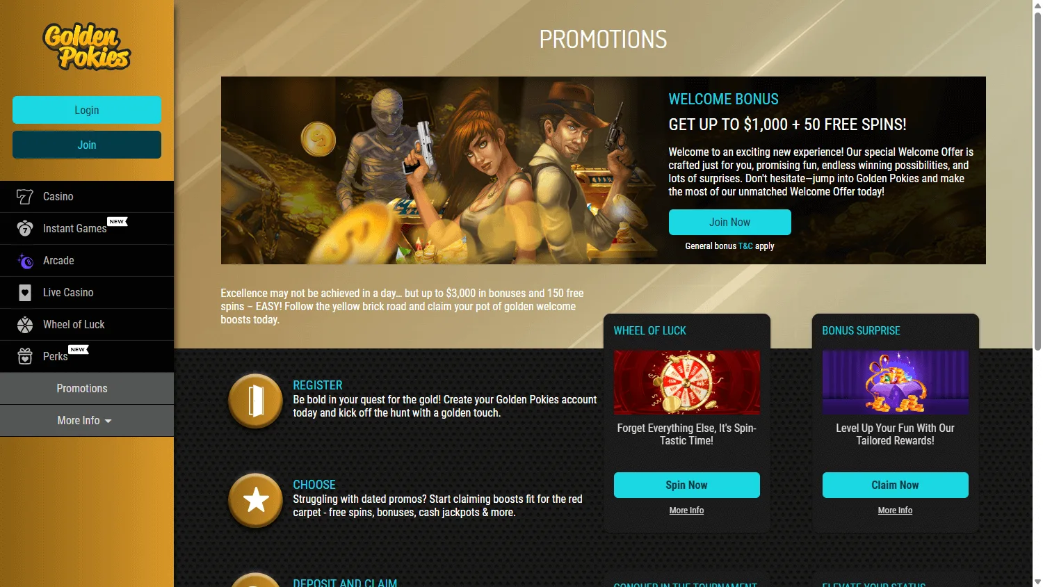 Golden Pokies Casino promotions view on a desktop browser