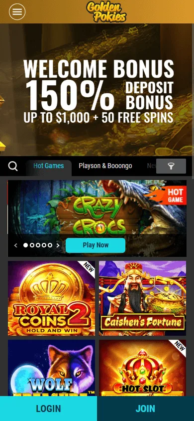 Golden Pokies Casino home view on a mobile browser