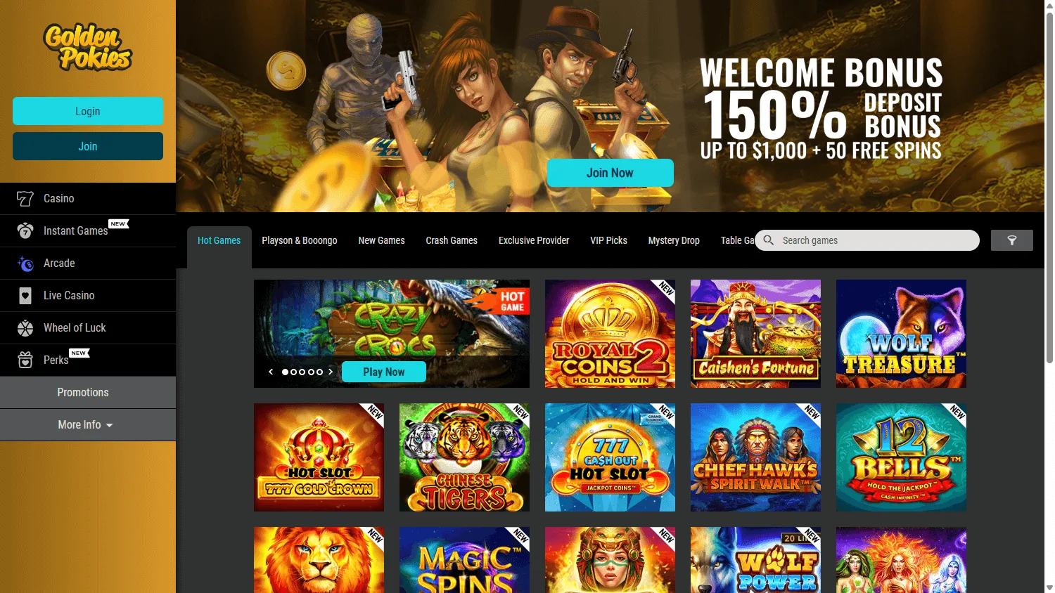 Golden Pokies Casino home view on a desktop browser